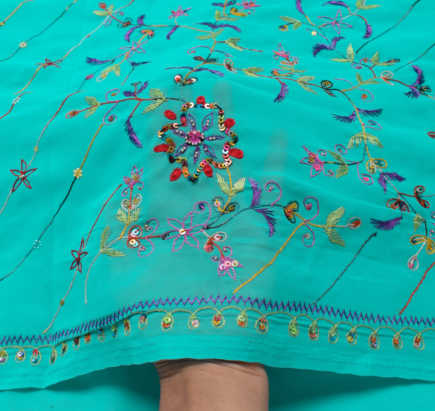 Sushila Vintage Aqua Blue Saree Georgette Silk Embroidered Floral Sari Fabric