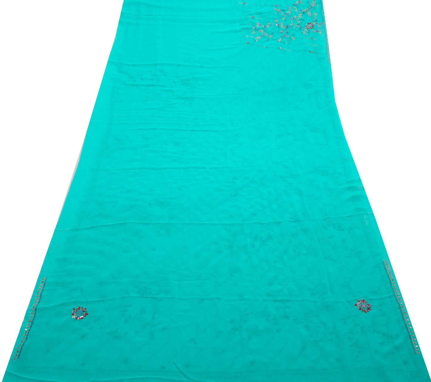 Sushila Vintage Aqua Blue Saree Georgette Silk Embroidered Floral Sari Fabric
