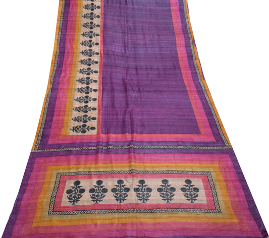 Sushila Vintage Purple Saree 100% Pure Khadi Silk Woven Floral Sari Craft Fabric