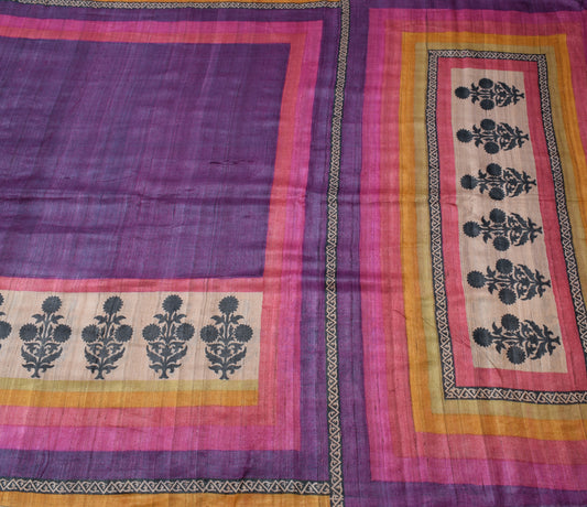 Sushila Vintage Purple Saree 100% Pure Khadi Silk Woven Floral Sari Craft Fabric