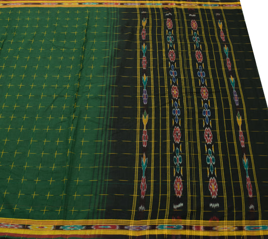 Sushila Vintage Green Saree Pure Cotton Hand Woven Ikat Patola Sari Craft Fabric