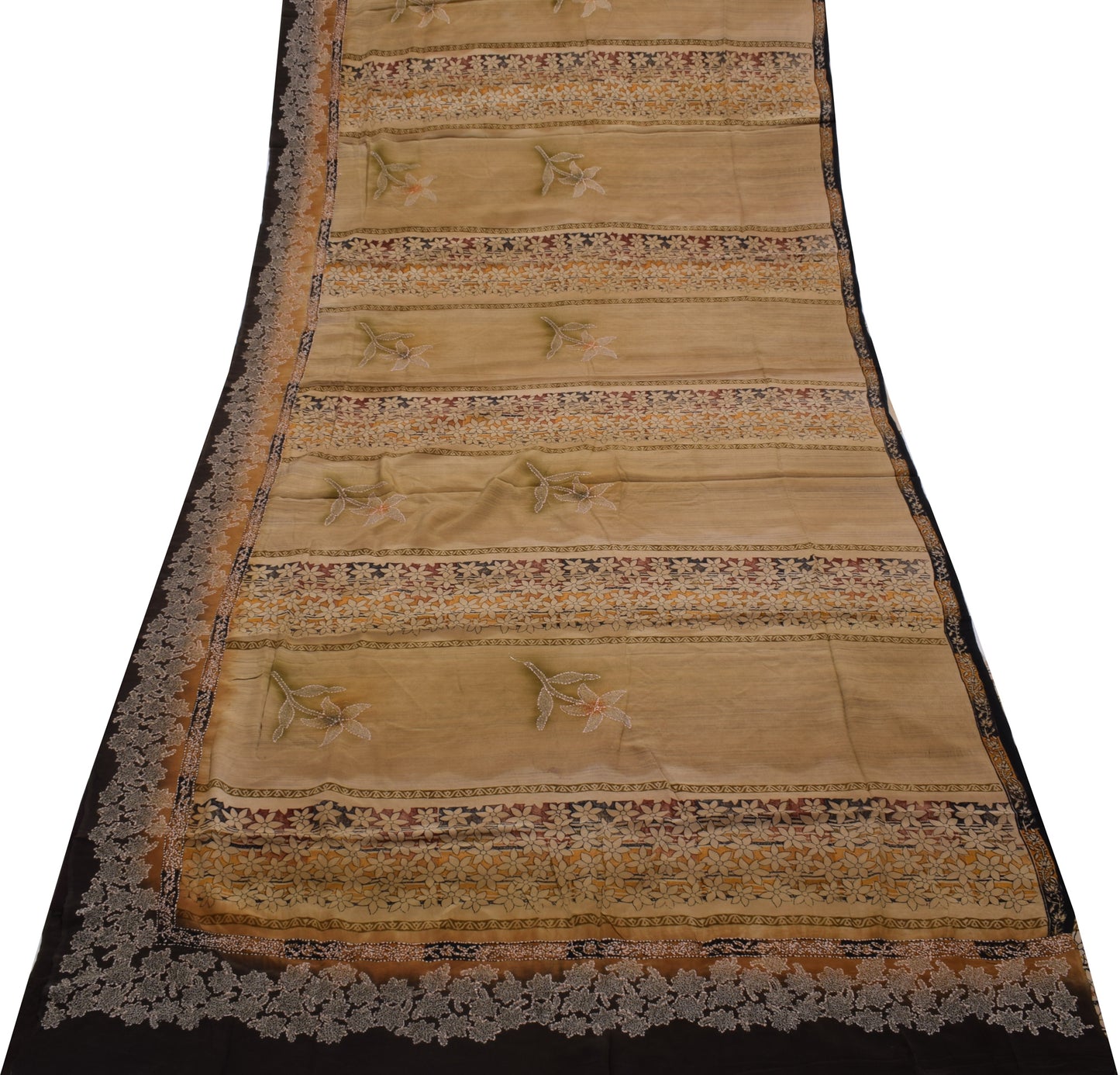 Sushila Vintage Brown Saree Pure Crepe Silk Hand Embroidered Kantha Sari Fabric