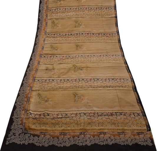 Sushila Vintage Brown Saree Pure Crepe Silk Hand Embroidered Kantha Sari Fabric