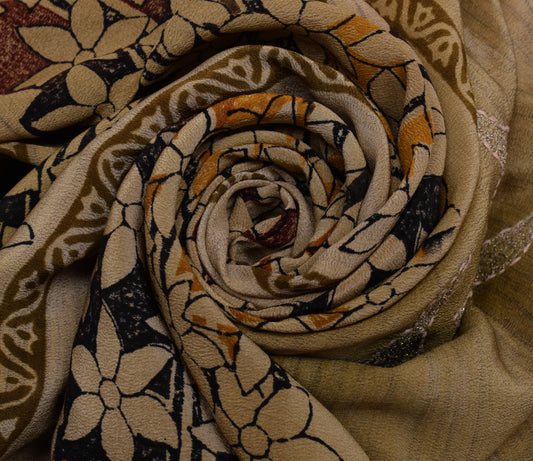 Sushila Vintage Brown Saree Pure Crepe Silk Hand Embroidered Kantha Sari Fabric