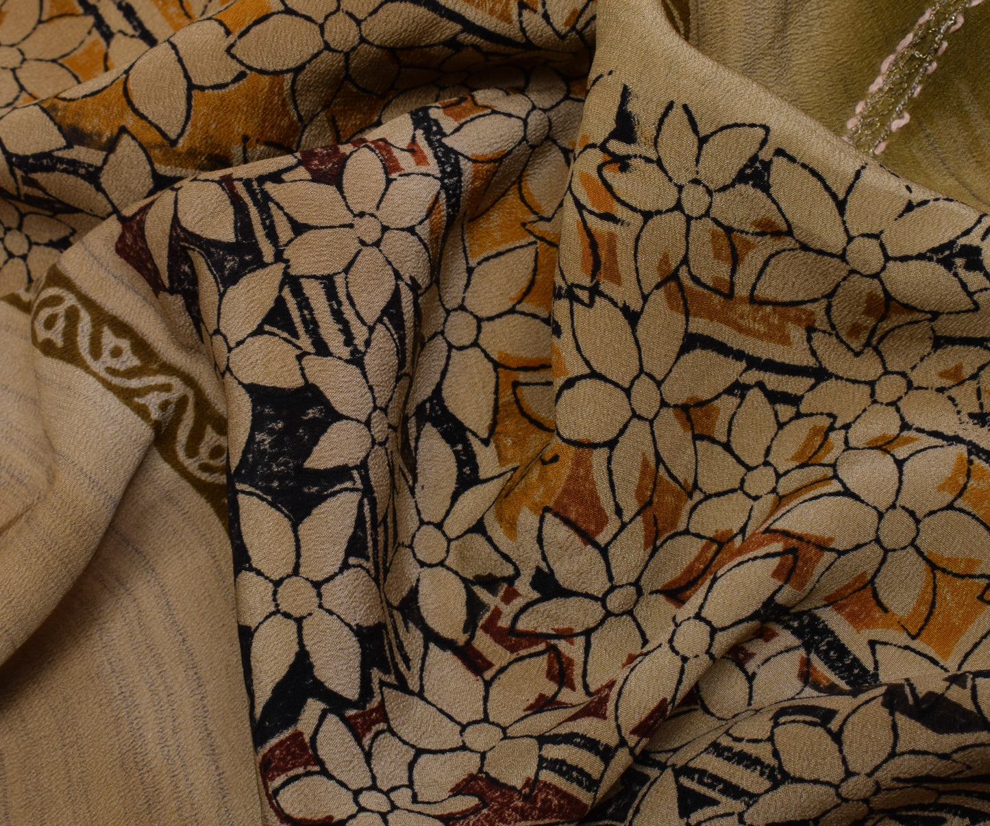 Sushila Vintage Brown Saree Pure Crepe Silk Hand Embroidered Kantha Sari Fabric