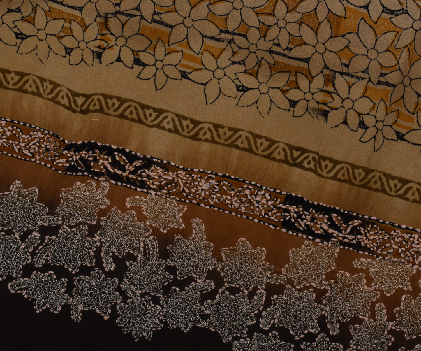 Sushila Vintage Brown Saree Pure Crepe Silk Hand Embroidered Kantha Sari Fabric