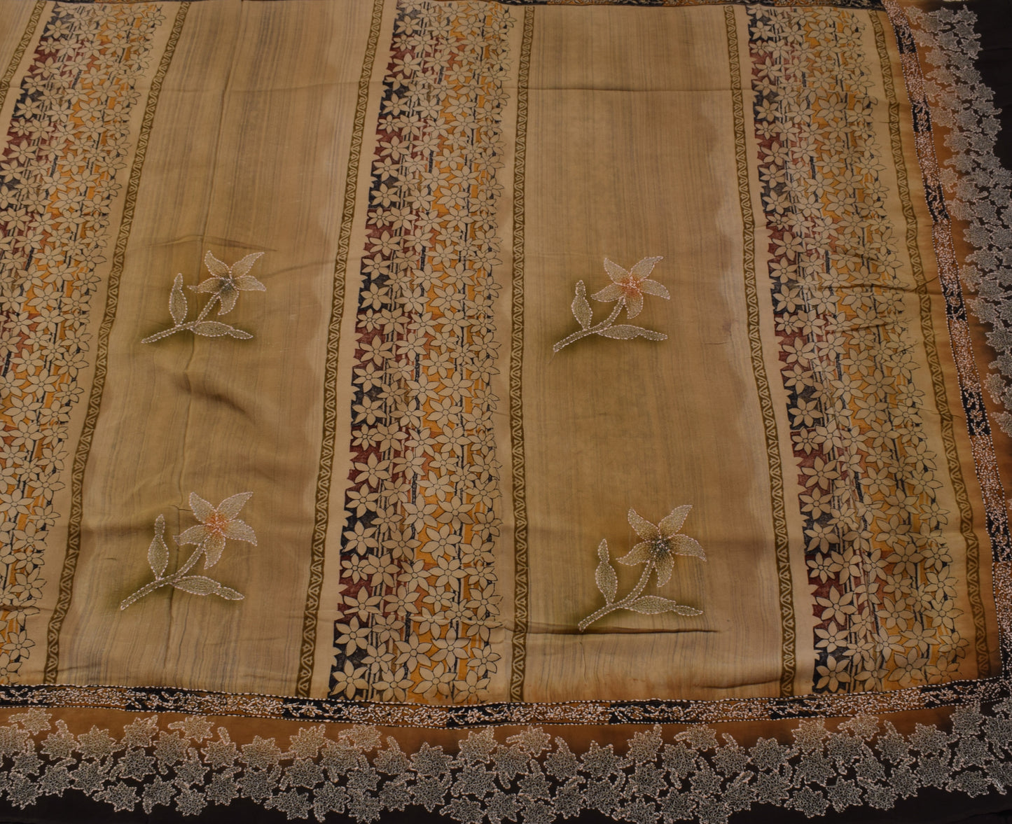 Sushila Vintage Brown Saree Pure Crepe Silk Hand Embroidered Kantha Sari Fabric