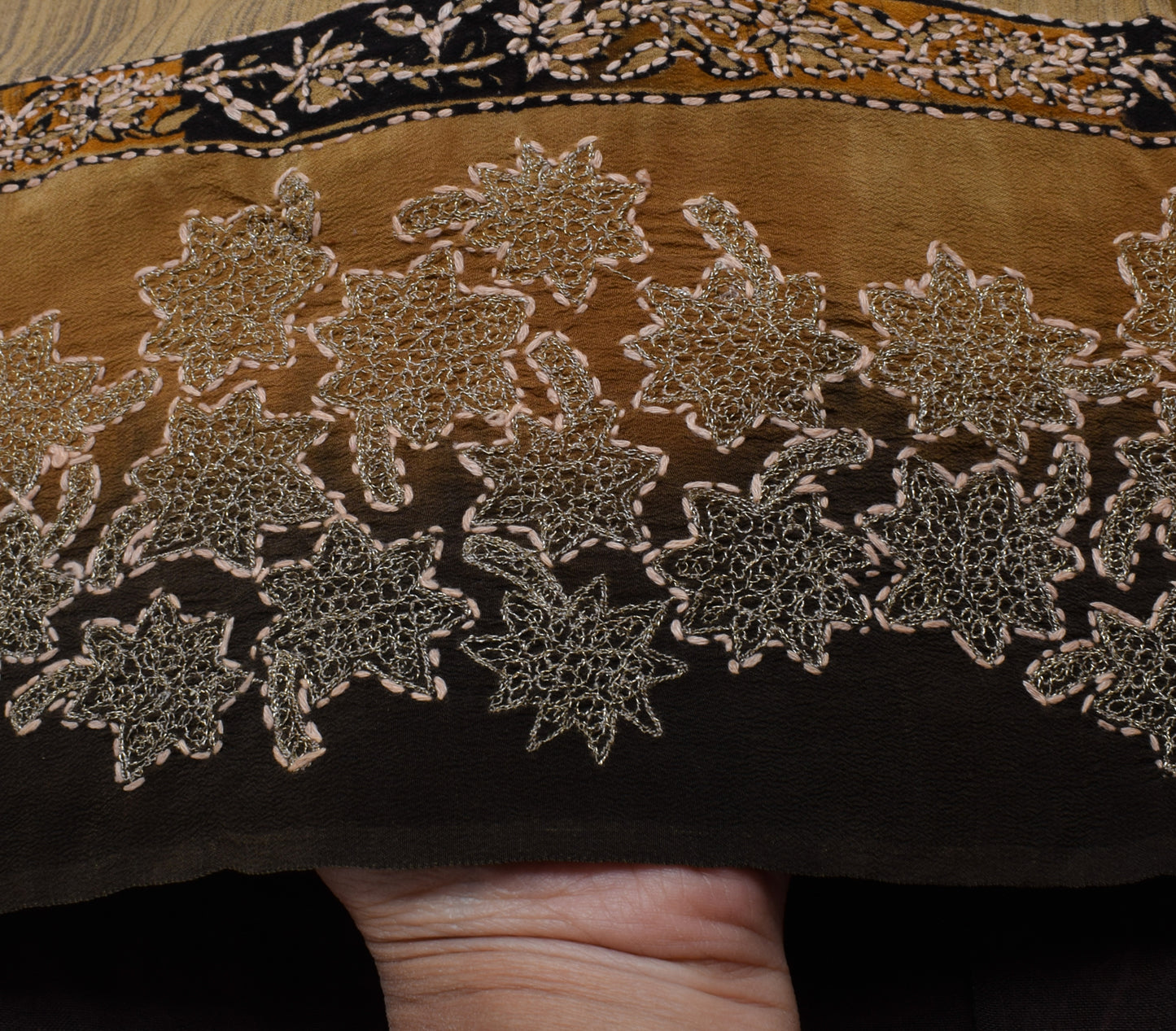 Sushila Vintage Brown Saree Pure Crepe Silk Hand Embroidered Kantha Sari Fabric