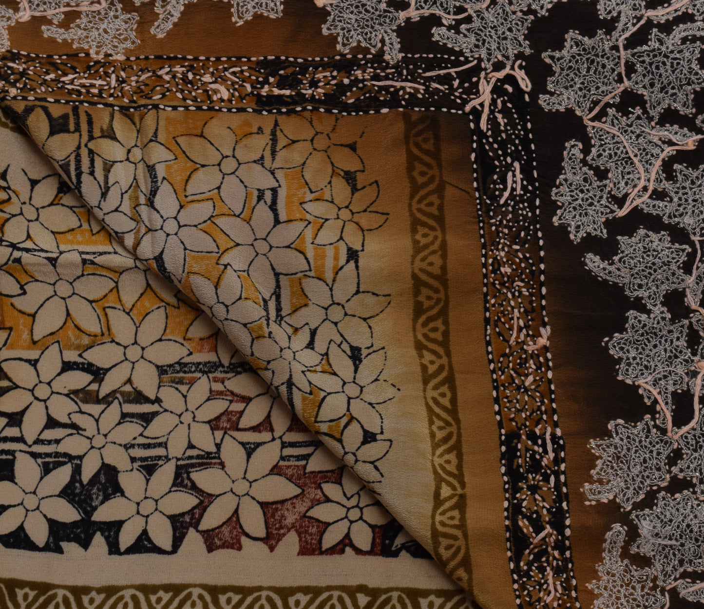 Sushila Vintage Brown Saree Pure Crepe Silk Hand Embroidered Kantha Sari Fabric