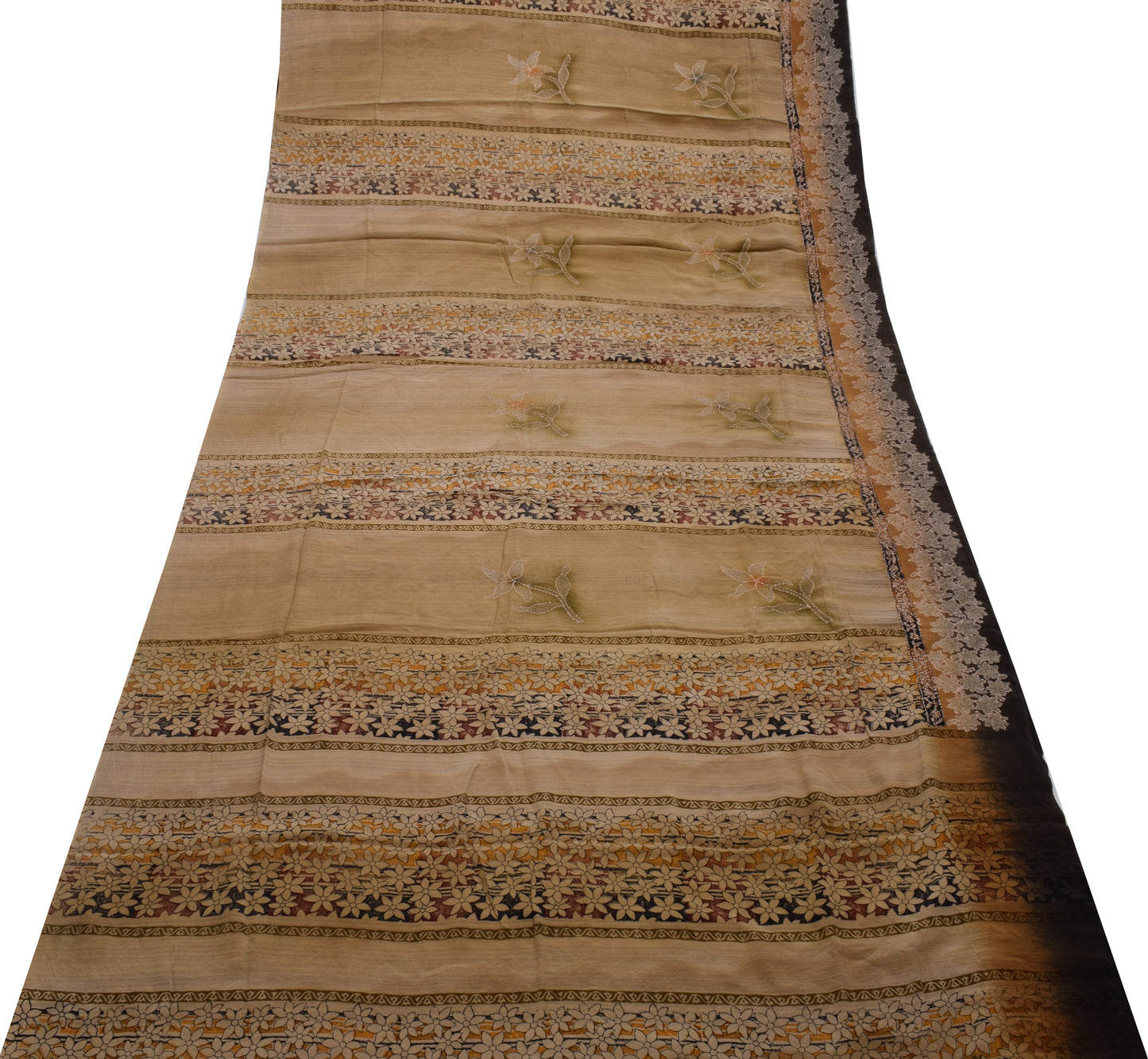 Sushila Vintage Brown Saree Pure Crepe Silk Hand Embroidered Kantha Sari Fabric