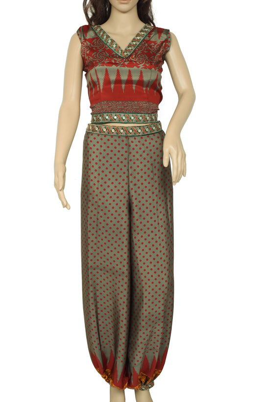 Sushila Vintage Blend Silk Sari upcycled Aladdin Pants & Crop Top Set Gray