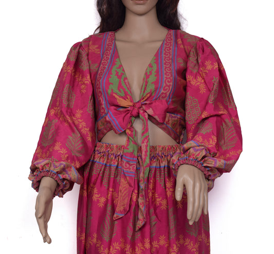 Sushila Vintage Women Dress Blend Silk Sari upcycled Aladdin Pants Crop Top Pink