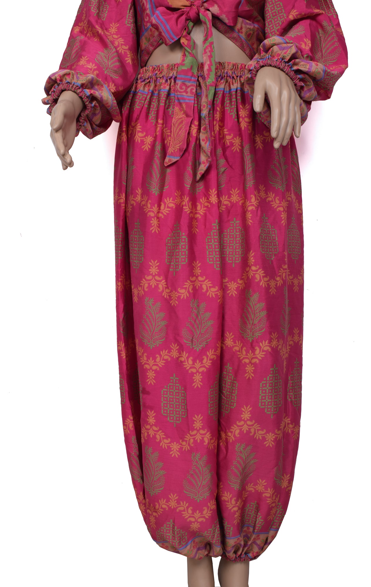 Sushila Vintage Women Dress Blend Silk Sari upcycled Aladdin Pants Crop Top Pink