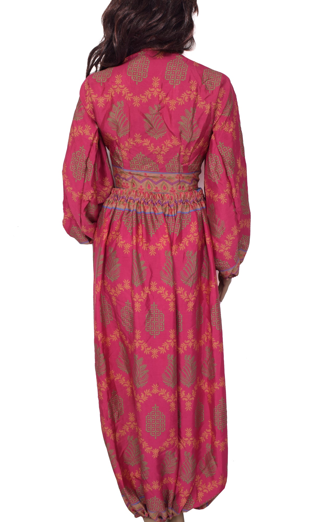 Sushila Vintage Women Dress Blend Silk Sari upcycled Aladdin Pants Crop Top Pink