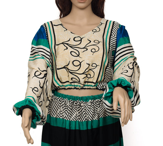 Sushila Vintage Women Dress Blend Silk Sari upcycled Aladdin Pants & Top Set