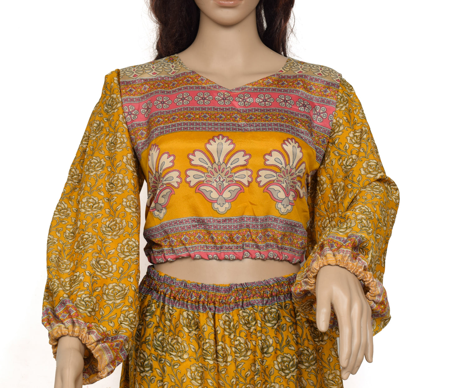 Sushila Vintage Blend Silk Sari upcycled Aladdin Pants Afghani Top Mustard