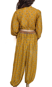 Sushila Vintage Blend Silk Sari upcycled Aladdin Pants Afghani Top Mustard