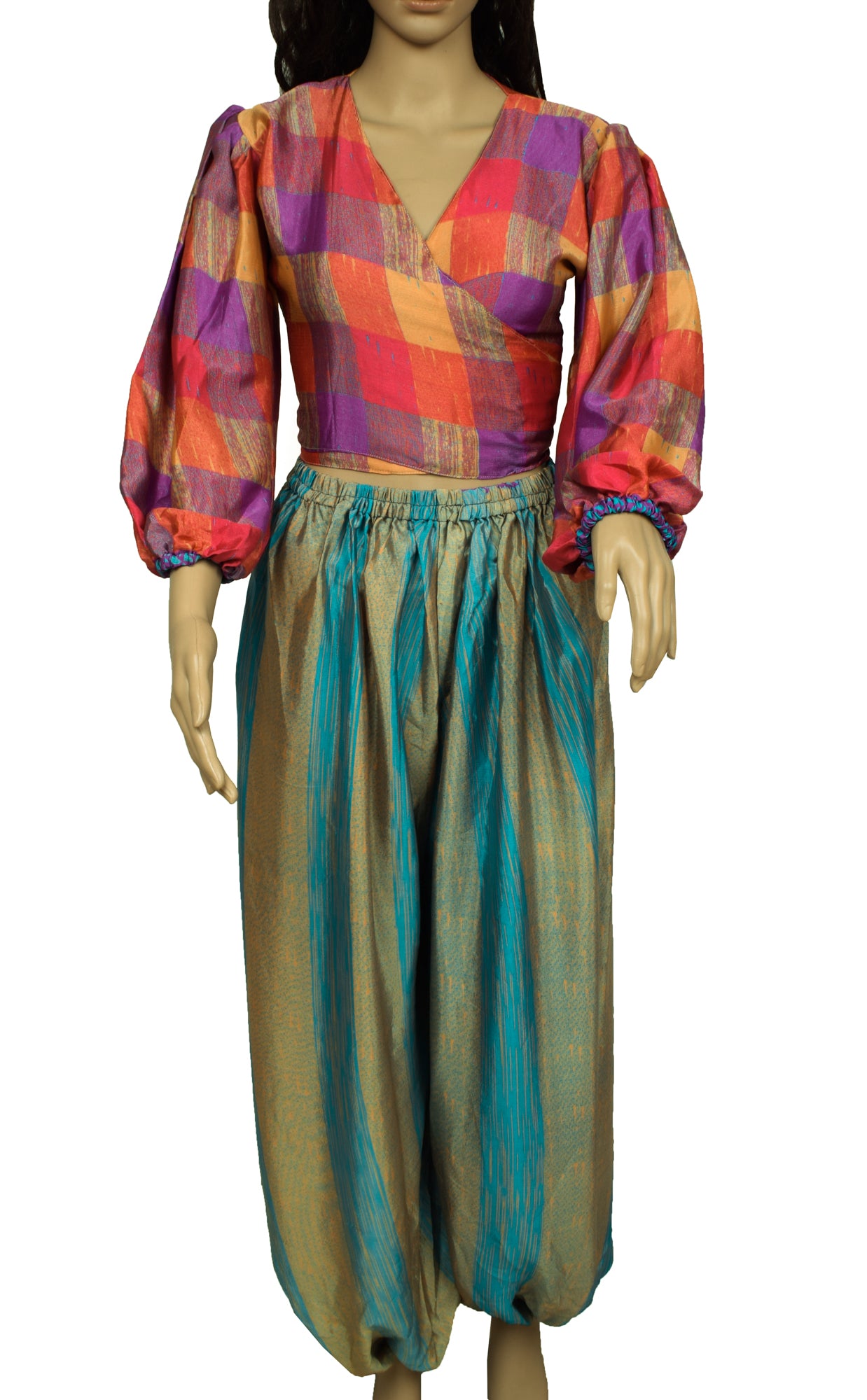 Sushila Vintage Women Dress Blend Silk Sari upcycled Aladdin Pants & Crop Top