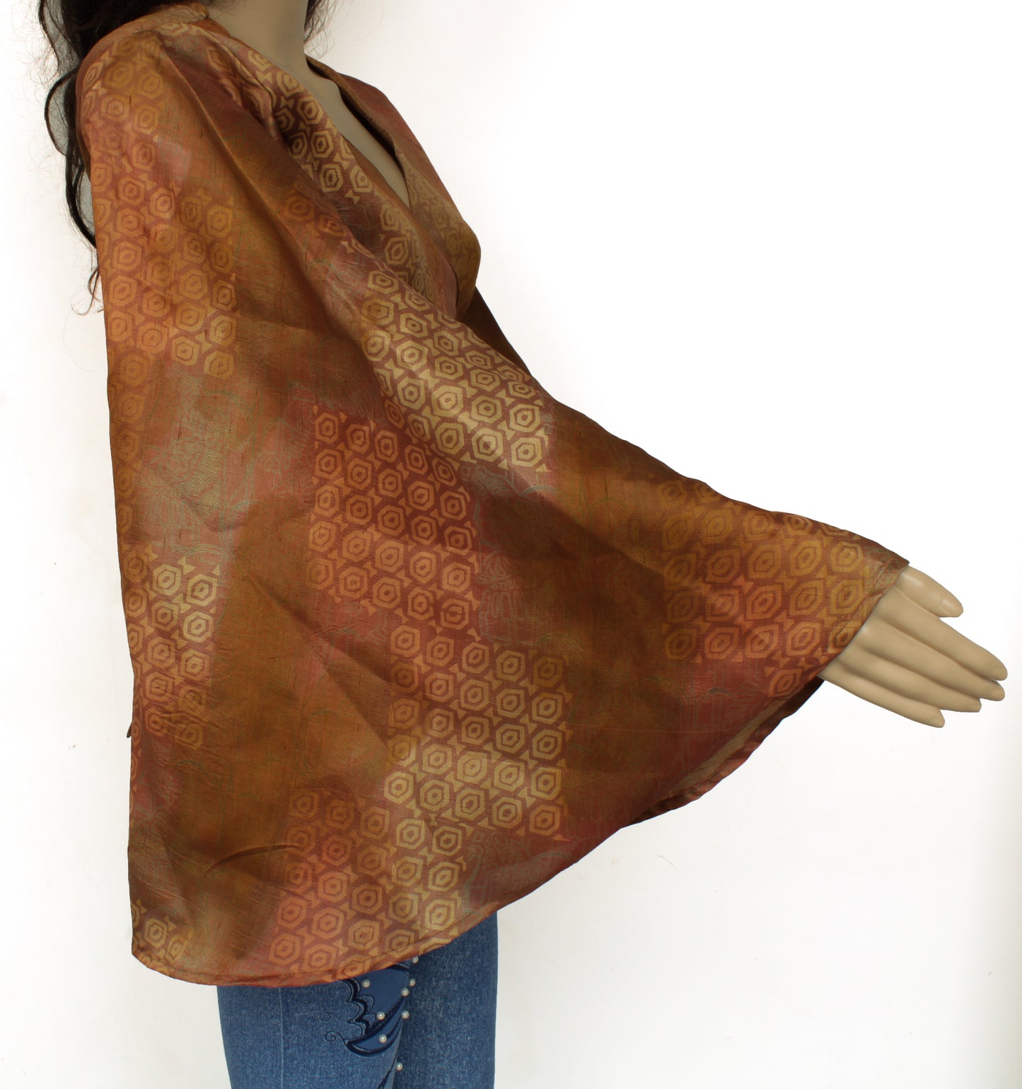 Sushila Vintage NEW Bohemian Bell Sleeve Recycled Silk Saree Top 70,s Retro