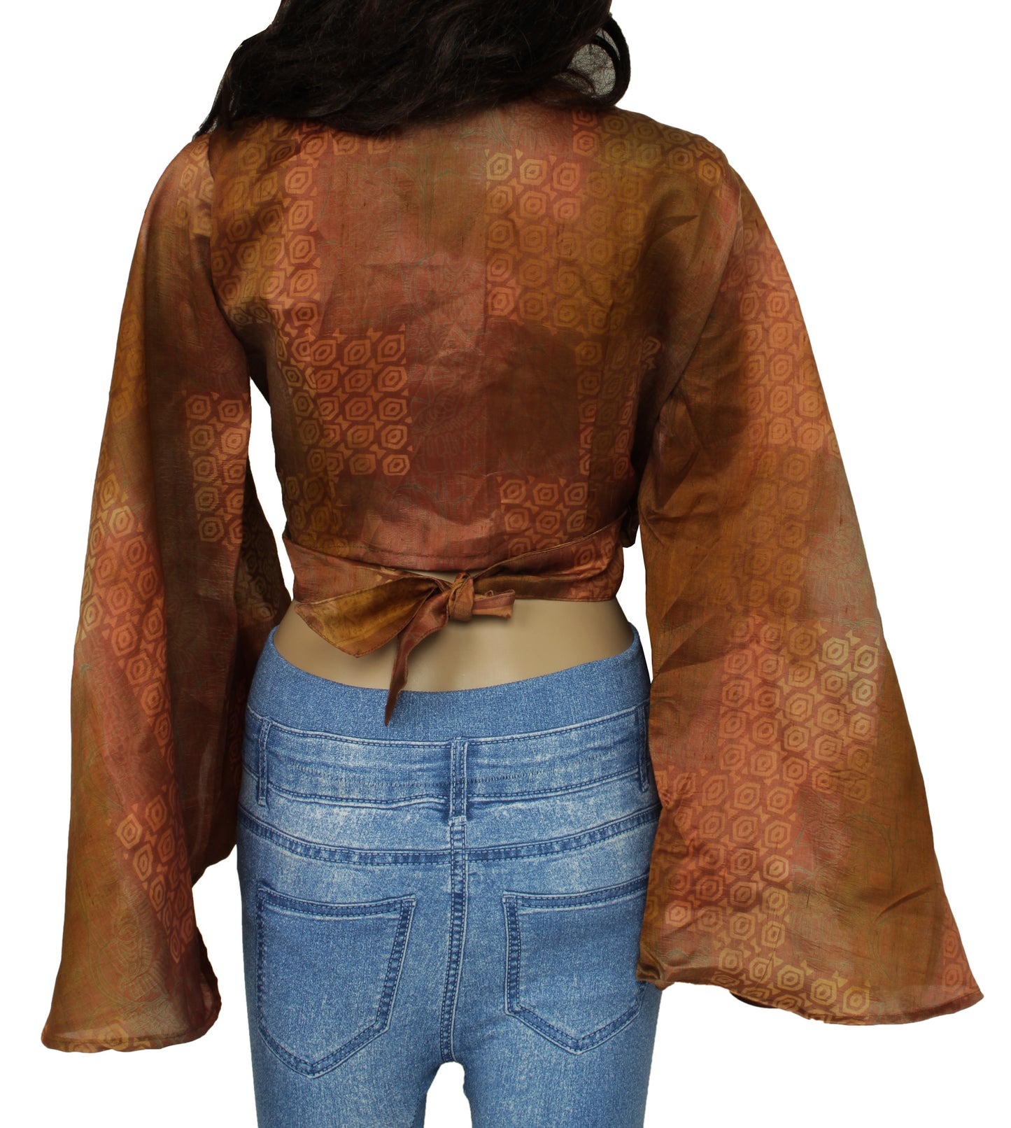 Sushila Vintage NEW Bohemian Bell Sleeve Recycled Silk Saree Top 70,s Retro