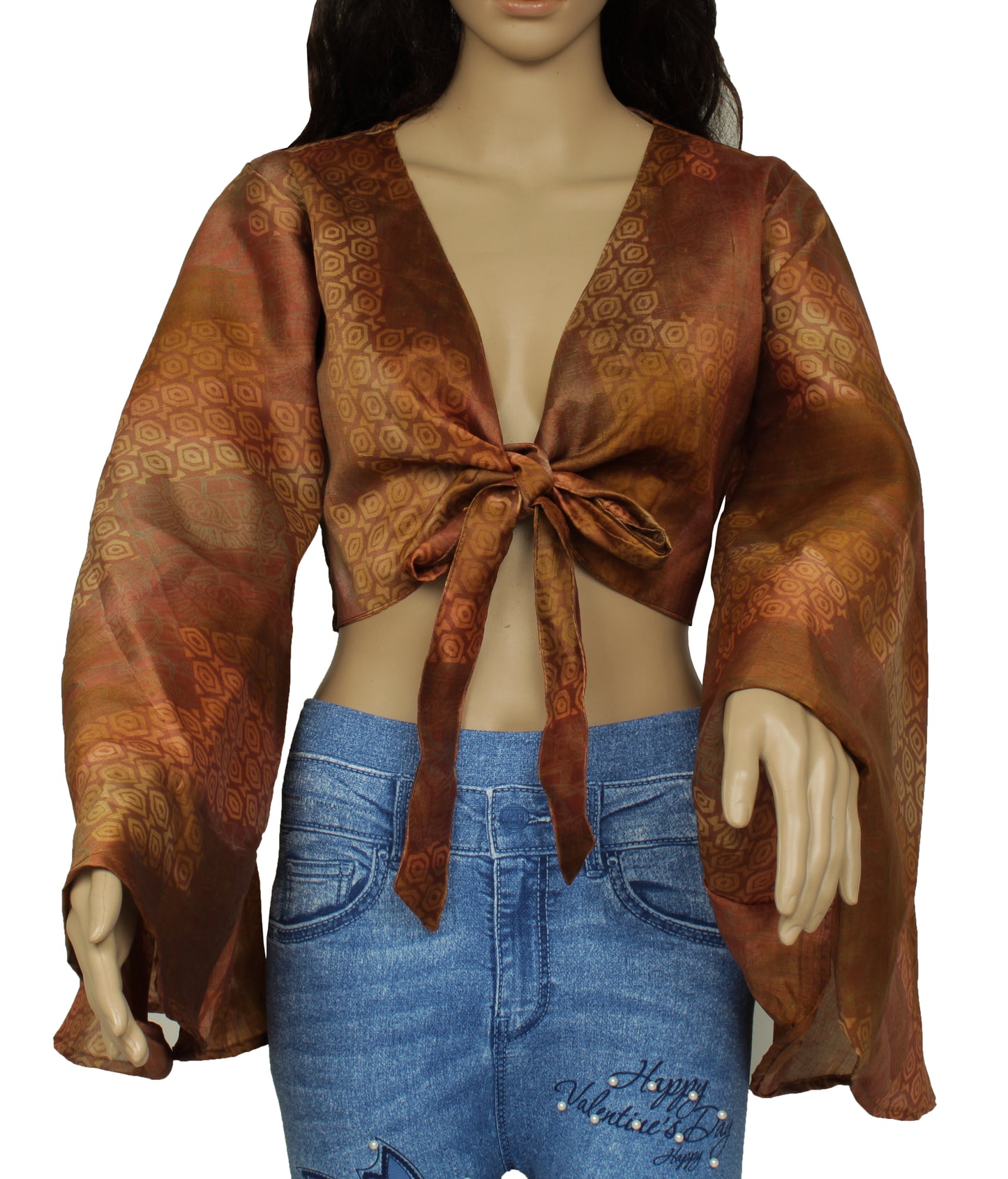 Sushila Vintage NEW Bohemian Bell Sleeve Recycled Silk Saree Top 70,s Retro