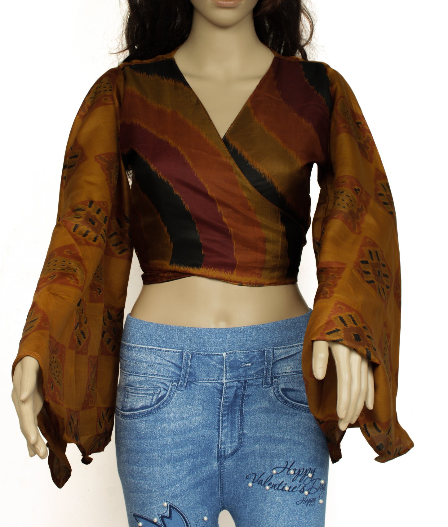 Sushila Vintage Bohemian Bell Sleeve Recycled Silk Saree Top 70,s Retro Brown