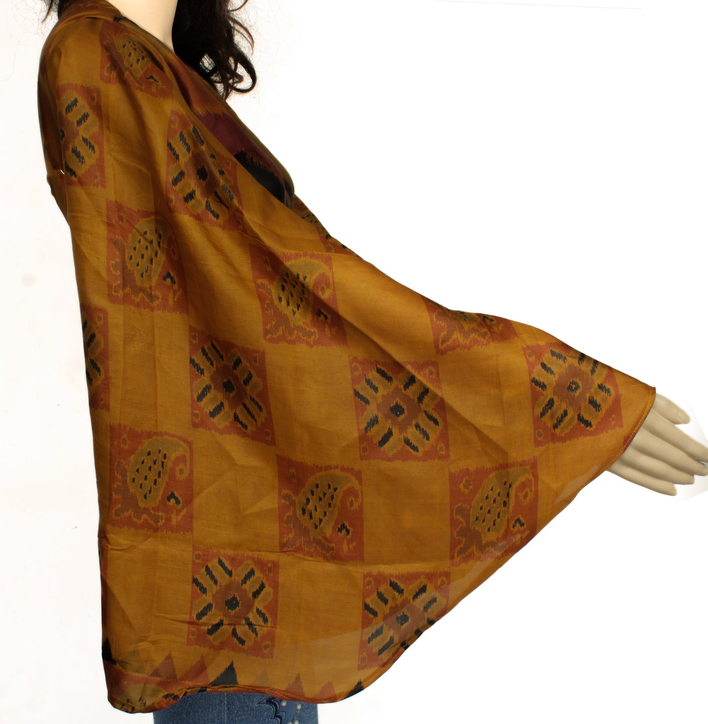Sushila Vintage Bohemian Bell Sleeve Recycled Silk Saree Top 70,s Retro Brown