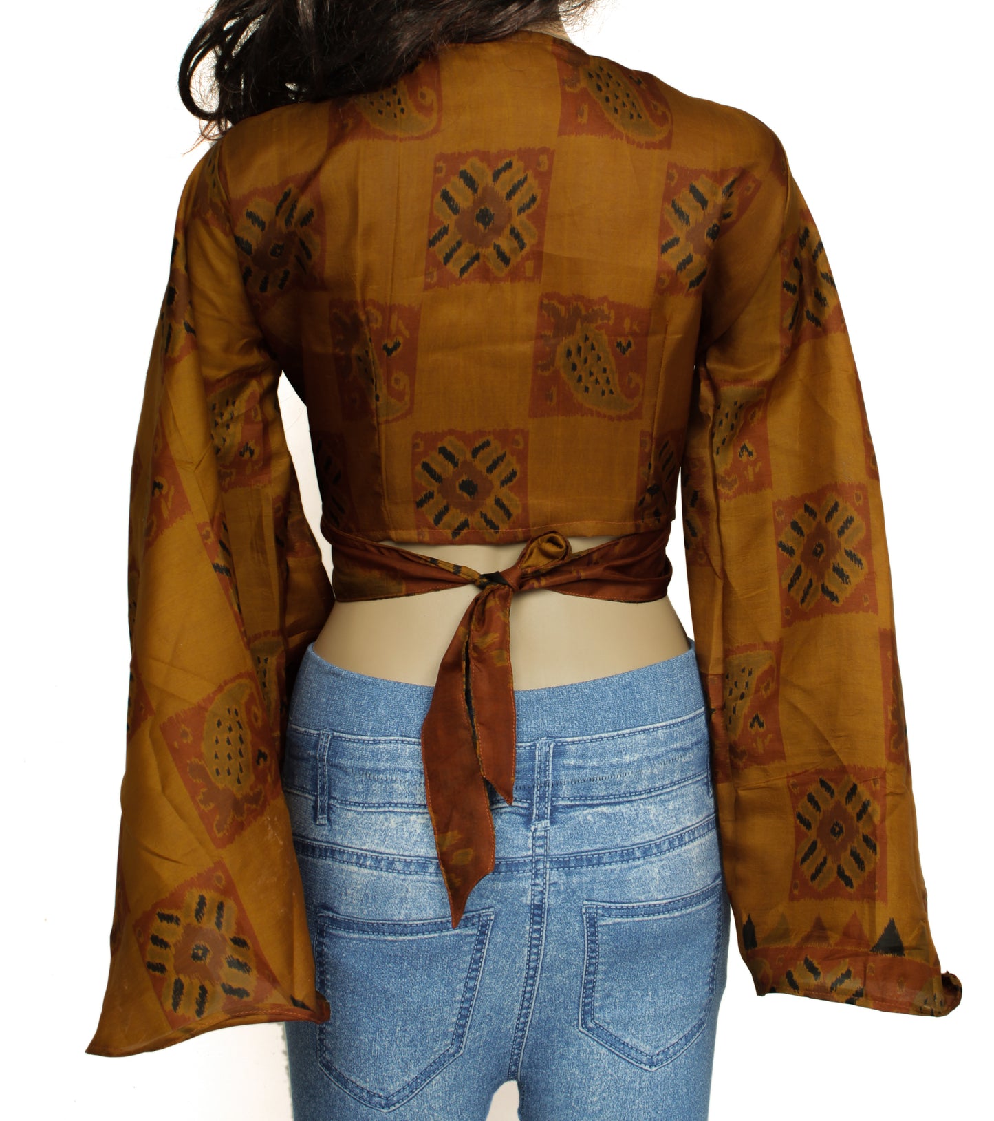 Sushila Vintage Bohemian Bell Sleeve Recycled Silk Saree Top 70,s Retro Brown