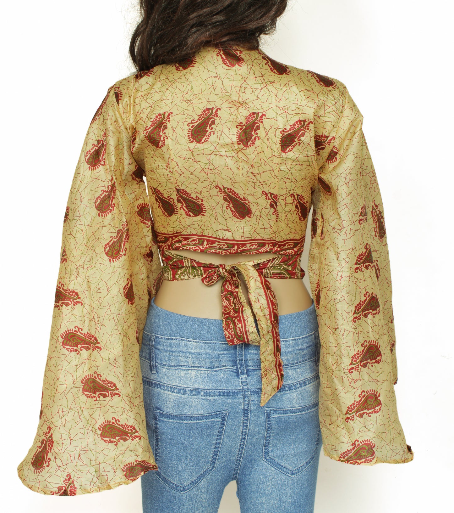 Sushila Vintage Bohemian Bell Sleeve Recycled Silk Saree Top 70,s Retro Cream
