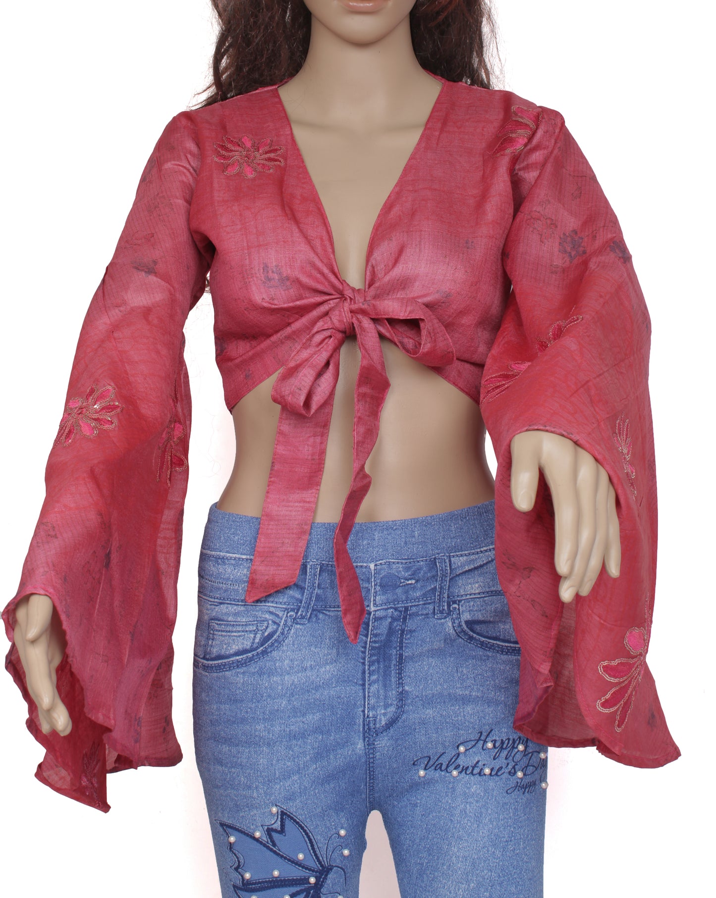Sushila Vintage NEW Bohemian Bell Sleeve Recycled Silk Saree Top 70,s Retro Pink