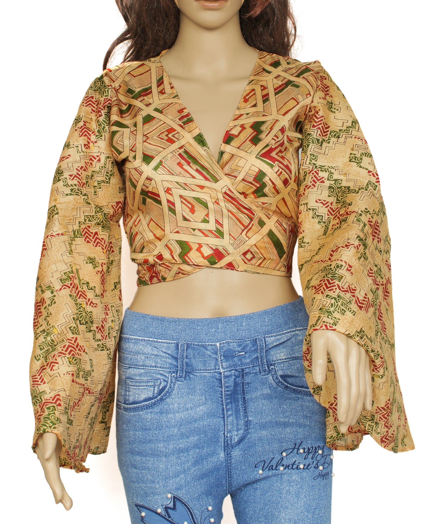 Sushila Vintage Bohemian Bell Sleeve Recycled Silk Saree Top 70,s Retro Cream