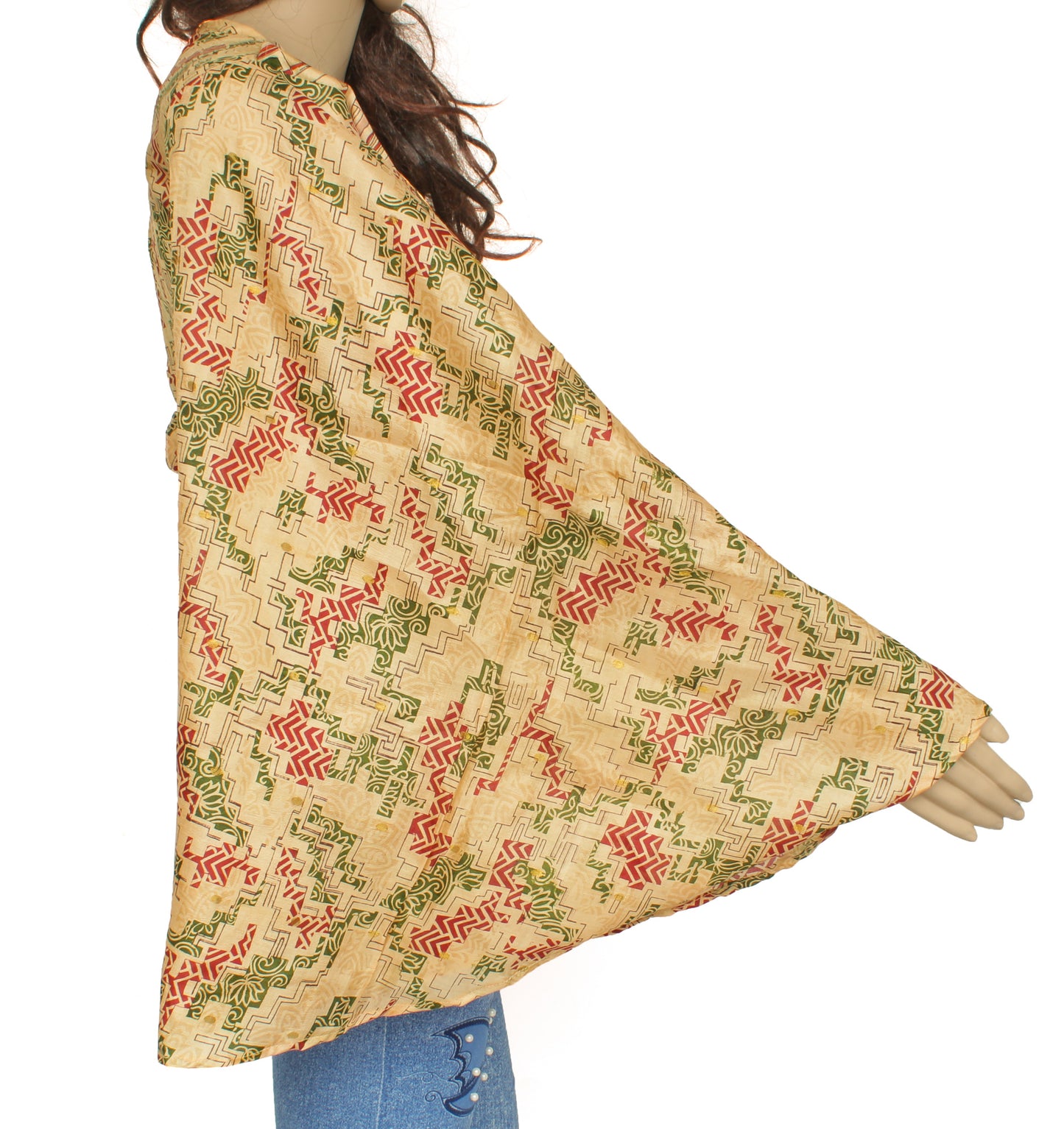 Sushila Vintage Bohemian Bell Sleeve Recycled Silk Saree Top 70,s Retro Cream