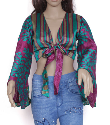 Sushila Vintage Bohemian Bell Sleeve Recycled Silk Saree Top 70,s Retro Purple