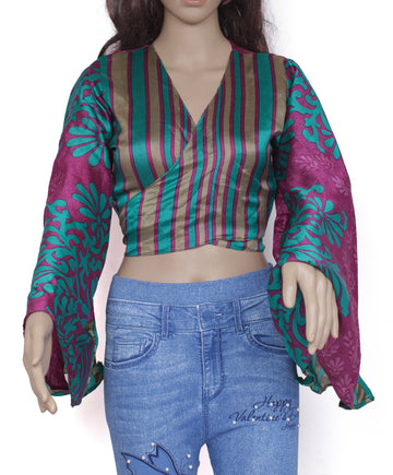 Sushila Vintage Bohemian Bell Sleeve Recycled Silk Saree Top 70,s Retro Purple
