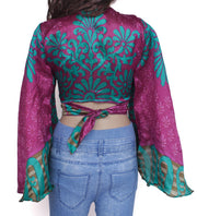 Sushila Vintage Bohemian Bell Sleeve Recycled Silk Saree Top 70,s Retro Purple