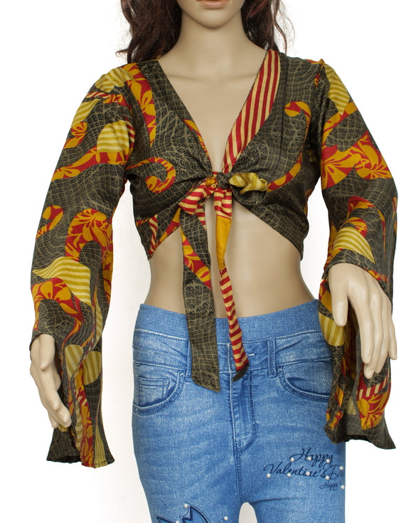 Sushila Vintage Bohemian Bell Sleeve Recycled Silk Saree Top 70,s Retro Green