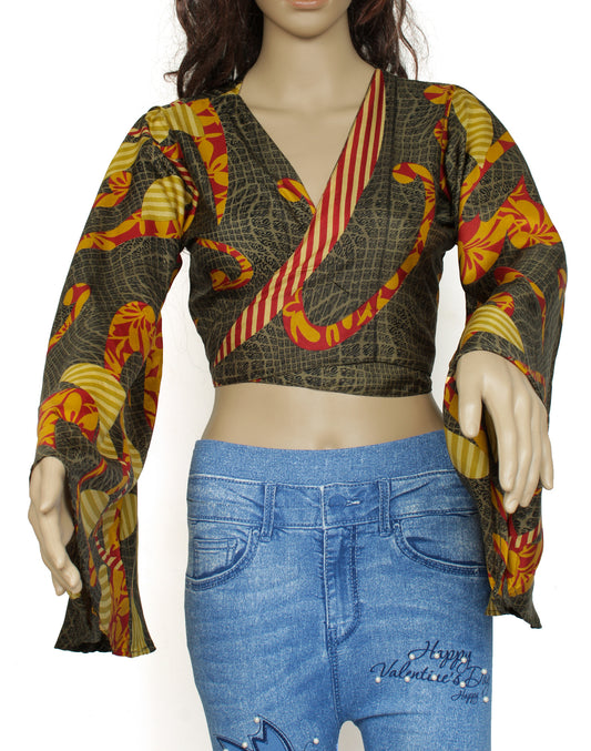 Sushila Vintage Bohemian Bell Sleeve Recycled Silk Saree Top 70,s Retro Green