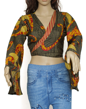 Sushila Vintage Bohemian Bell Sleeve Recycled Silk Saree Top 70,s Retro Green