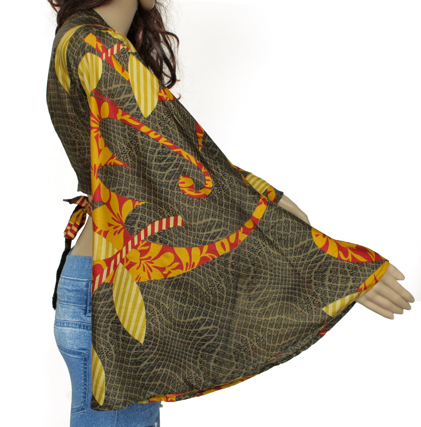 Sushila Vintage Bohemian Bell Sleeve Recycled Silk Saree Top 70,s Retro Green