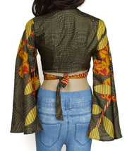 Sushila Vintage Bohemian Bell Sleeve Recycled Silk Saree Top 70,s Retro Green