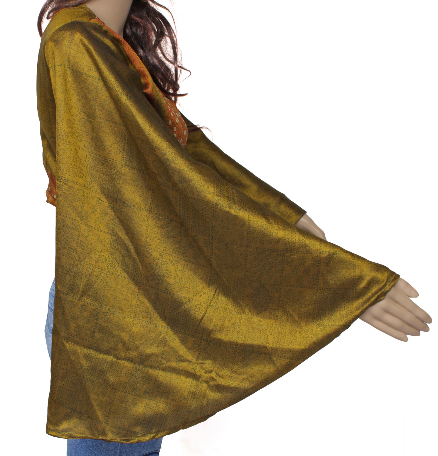 Sushila Vintage Bohemian Bell Sleeve Recycled Silk Saree Top 70,s Retro Green
