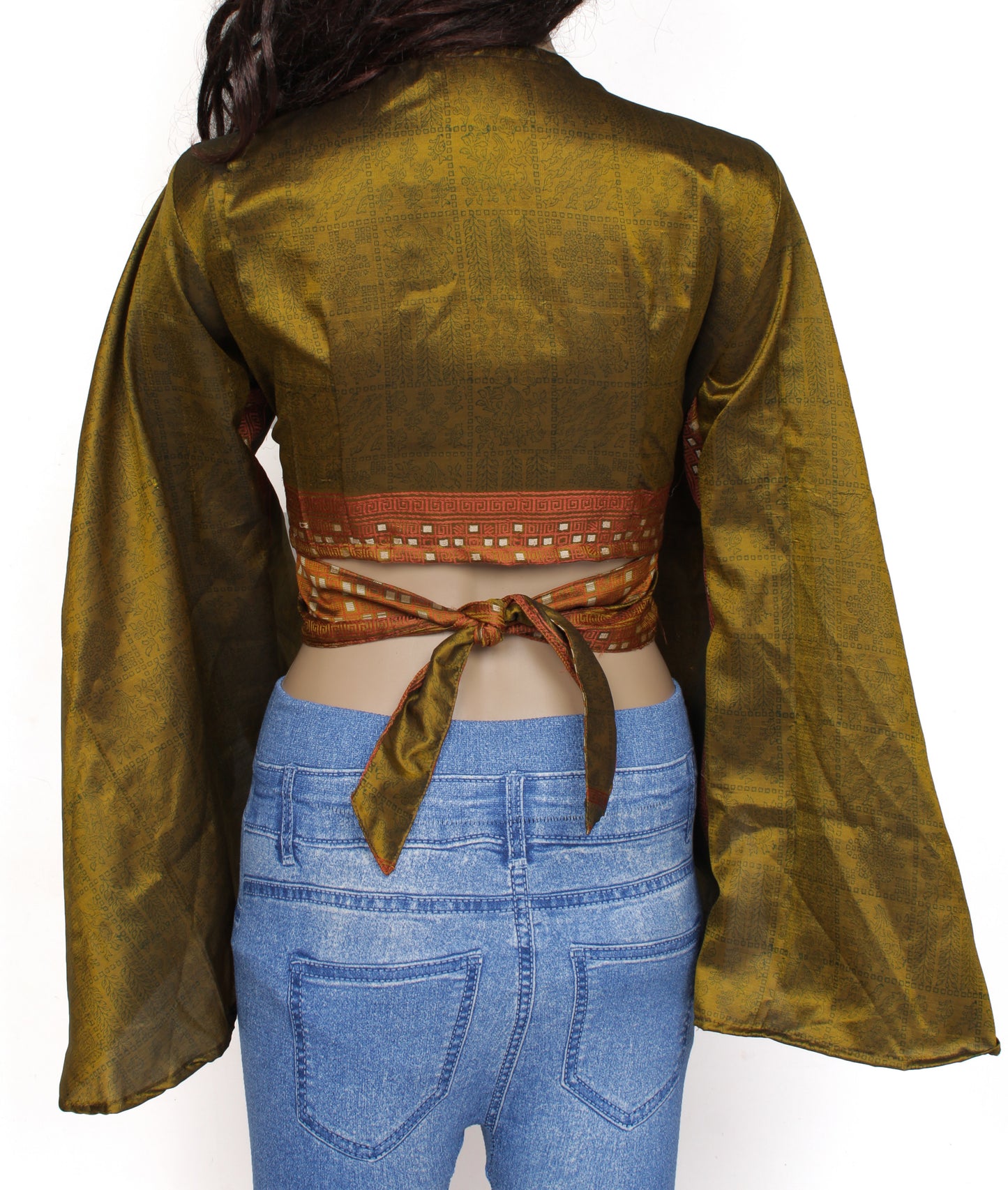 Sushila Vintage Bohemian Bell Sleeve Recycled Silk Saree Top 70,s Retro Green