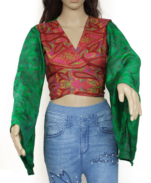 Sushila Vintage Bohemian Bell Sleeve Recycled Silk Saree Top 70,s Retro Green