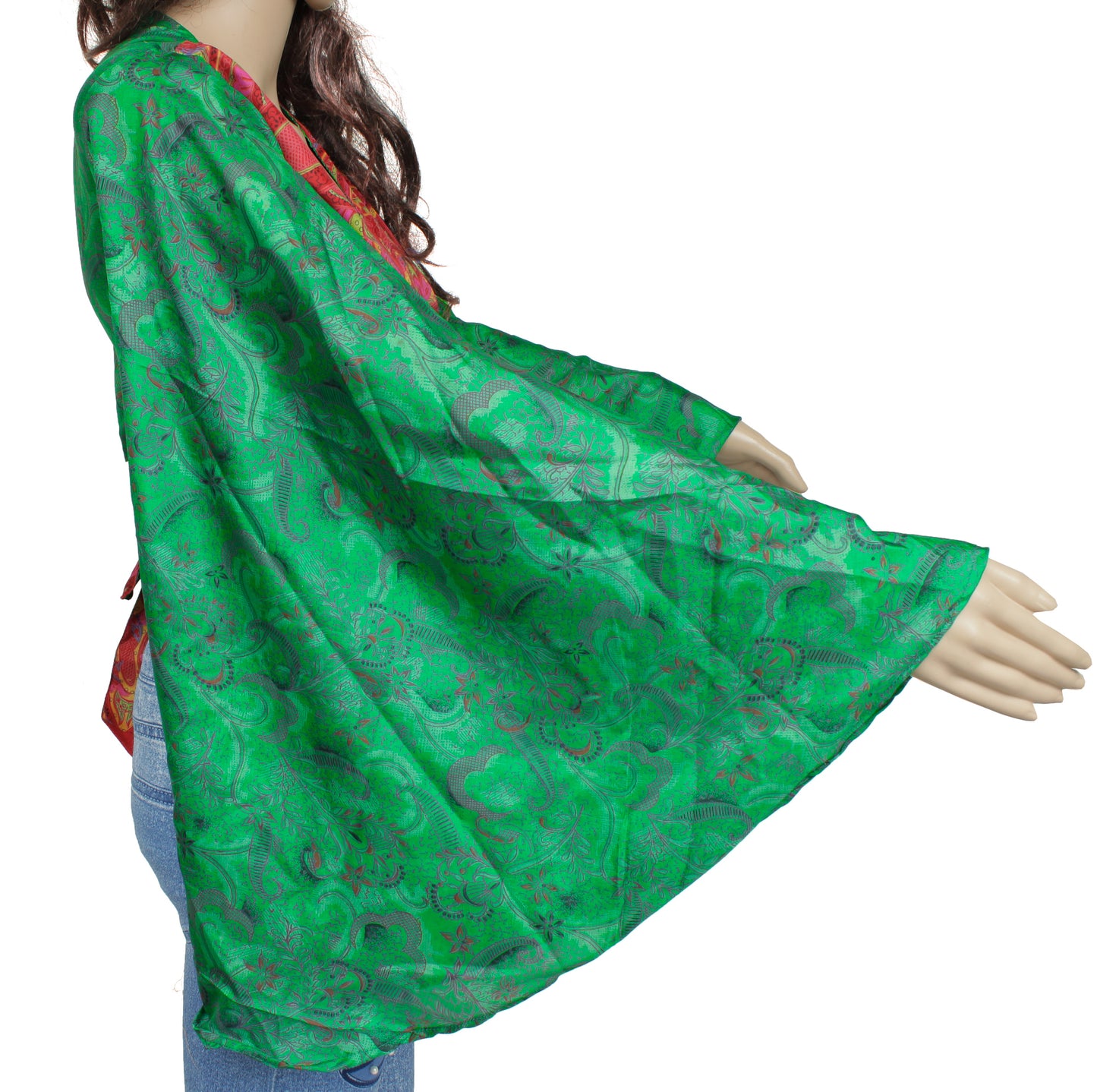 Sushila Vintage Bohemian Bell Sleeve Recycled Silk Saree Top 70,s Retro Green