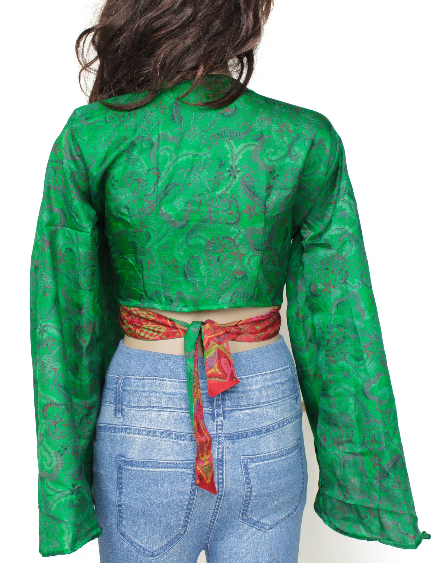 Sushila Vintage Bohemian Bell Sleeve Recycled Silk Saree Top 70,s Retro Green