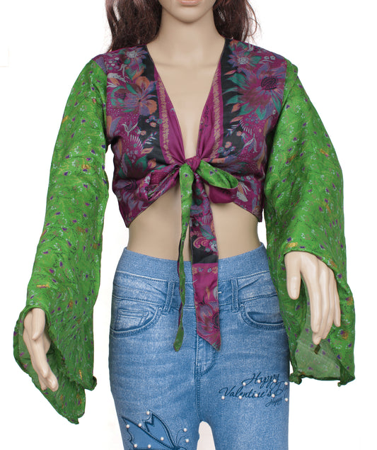 Sushila Vintage Bohemian Bell Sleeve Recycled Silk Saree Top 70,s Retro Green