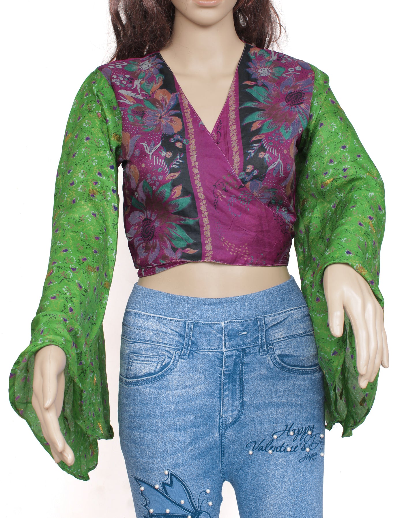 Sushila Vintage Bohemian Bell Sleeve Recycled Silk Saree Top 70,s Retro Green