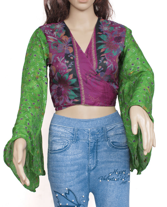 Sushila Vintage Bohemian Bell Sleeve Recycled Silk Saree Top 70,s Retro Green