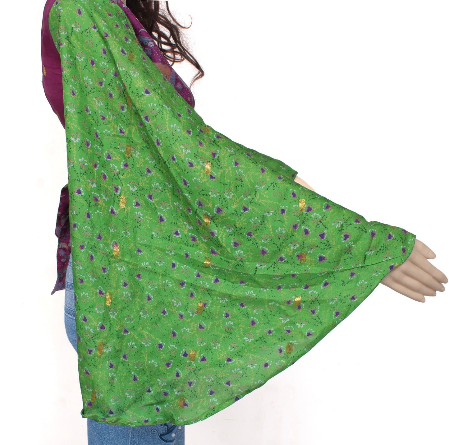 Sushila Vintage Bohemian Bell Sleeve Recycled Silk Saree Top 70,s Retro Green