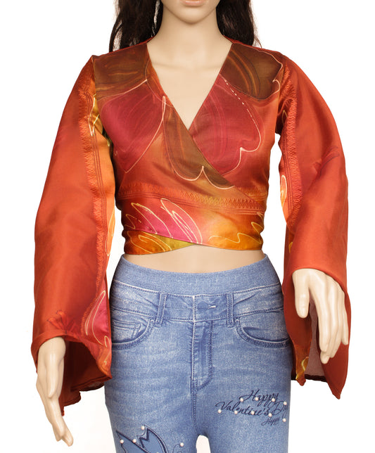 Sushila Vintage NEW Bohemian Bell Sleeve Recycled Silk Saree Top 70,s Retro Rust